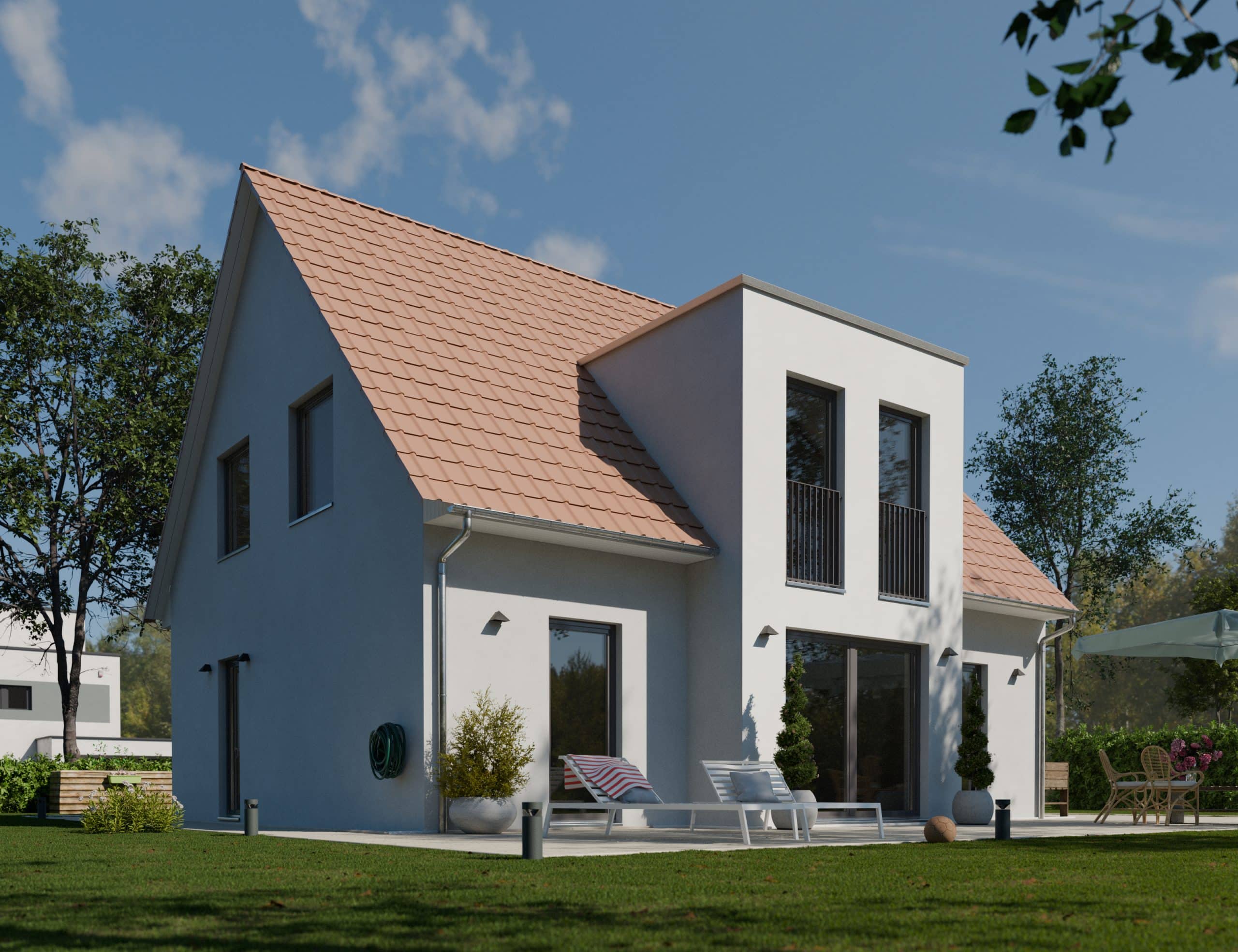 Props wie Pflanzen, Hecken und Leuchten in 3D-Szene für realistische Architekturvisualisierung