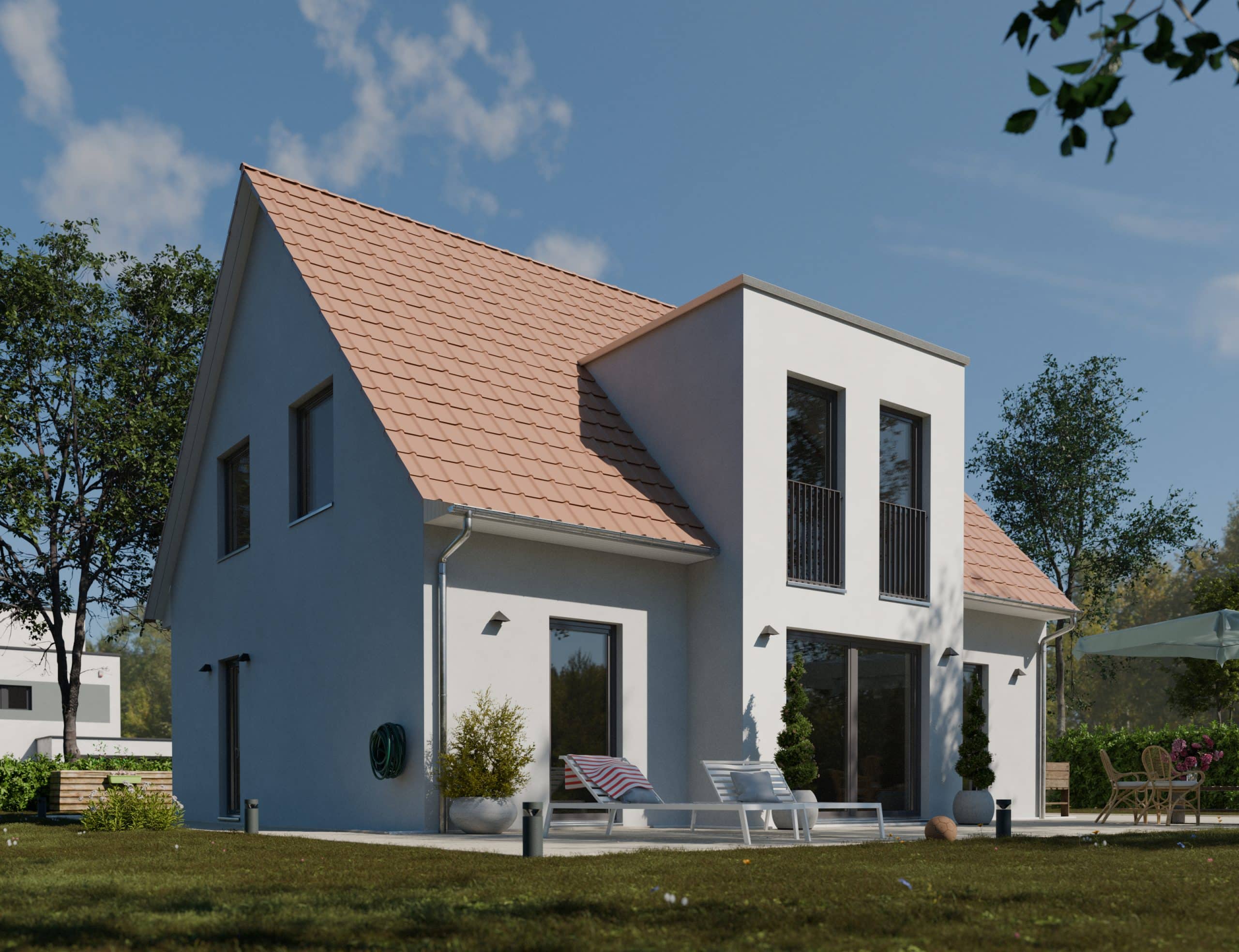 Wilder Rasen mit kleinen Blumen in fotorealistischer 3D-Architekturvisualisierung