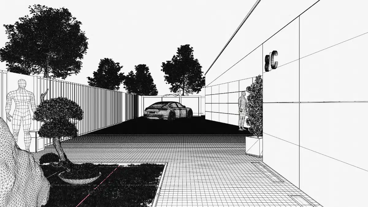 Architekturvisualisierung einer Hauseinfahrt bzw. eines Hinterhofs im WireFrame Modus.